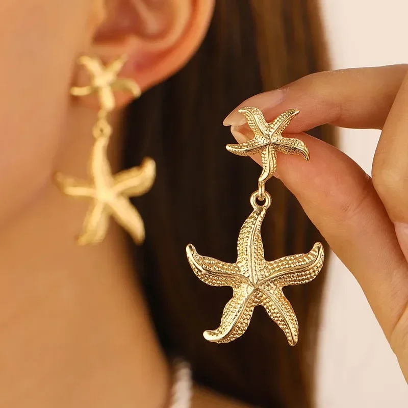 New Exaggerated Boho Large Metal Starfish Stud Earrings for Women Ladies Trendy Summer Gold Color Earrings Fashion Jewelry