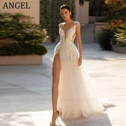 ANGEL Sexy Deep V-Neck Wedding Dress Customized High Side Split Beach Backless Bride Gown Button Train Vestido De Novia