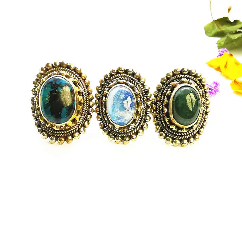 Vintage Semi-gemstone Metal Rings Copper inlaid Natural Agate Moonstone Big Strawhat Ring R229