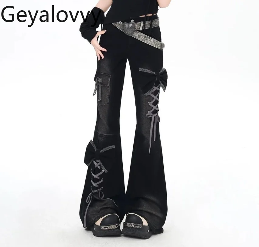 

Новые оригинальные джинсы-клеш 2026 года с 3D-дизайном банта в стиле Y2K для модных девушек: облегающие, универсальные, с завязками и высокой талией