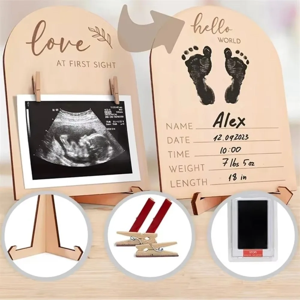 Babies Ultrasound Photo Frame with Inks Clips Stand Wooden Pregnancy Gift DIY Crafts Memorial Sonogram Picture Frame