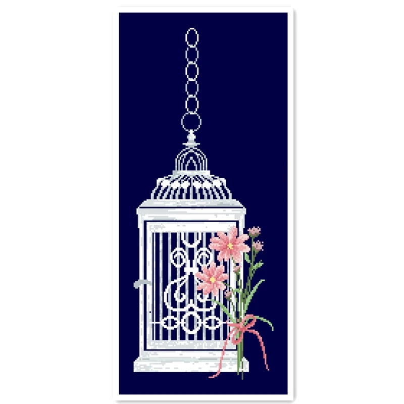 Clear stock White cage with flowers aida fabric cross stitch kits 14ct 11ct deep blue fabric hand embroidery DIY handmade