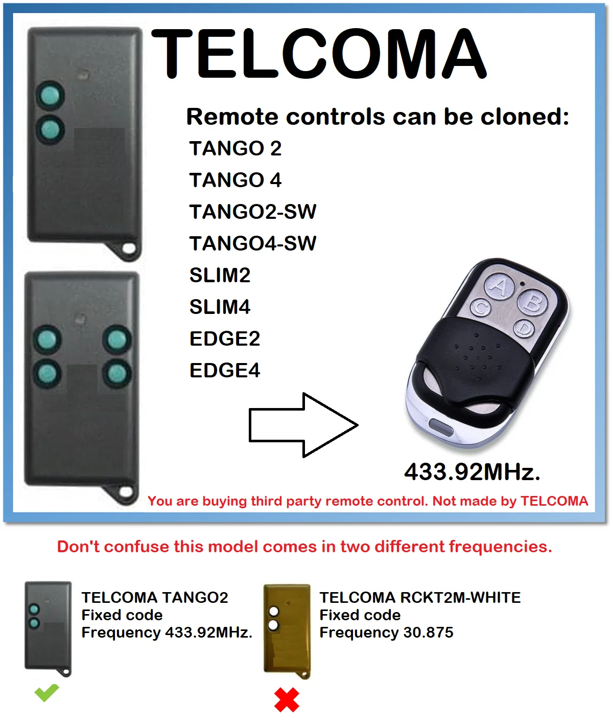 

TELCOMA TANGO 2 SLIM / TELCOMA TANGO 4 SLIM / TELCOMA TANGO4 Copy 433.92Mhz Remote Control For Garage Door