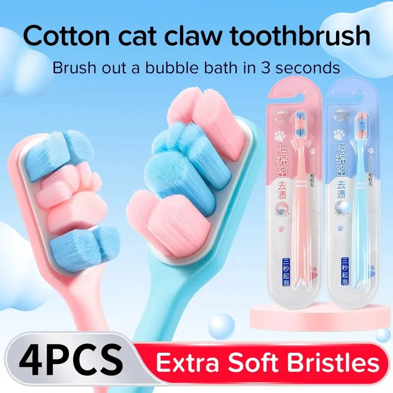 4Packs Cartoon Cat Claw Extra Soft Bristles Toothbrush Couple Adult Soft Hair Toothbrush Family Set