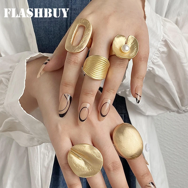 Flashbuy Chunky Gold Color Metal Geometric Rings for Women Statement Exaggerated Adjustable Elastic Rope Ring Fashion Jewelry