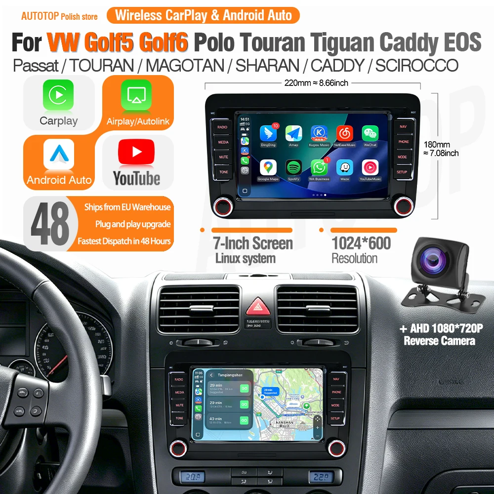 AUTOTOP 7 inch YouTube draadloos CarPlay scherm voor VW Golf 5/6 Skoda CADDY Passat Polo Jetta EOS Android Auto autoradio navigatie achteruitrijcamera - afbeelding 2