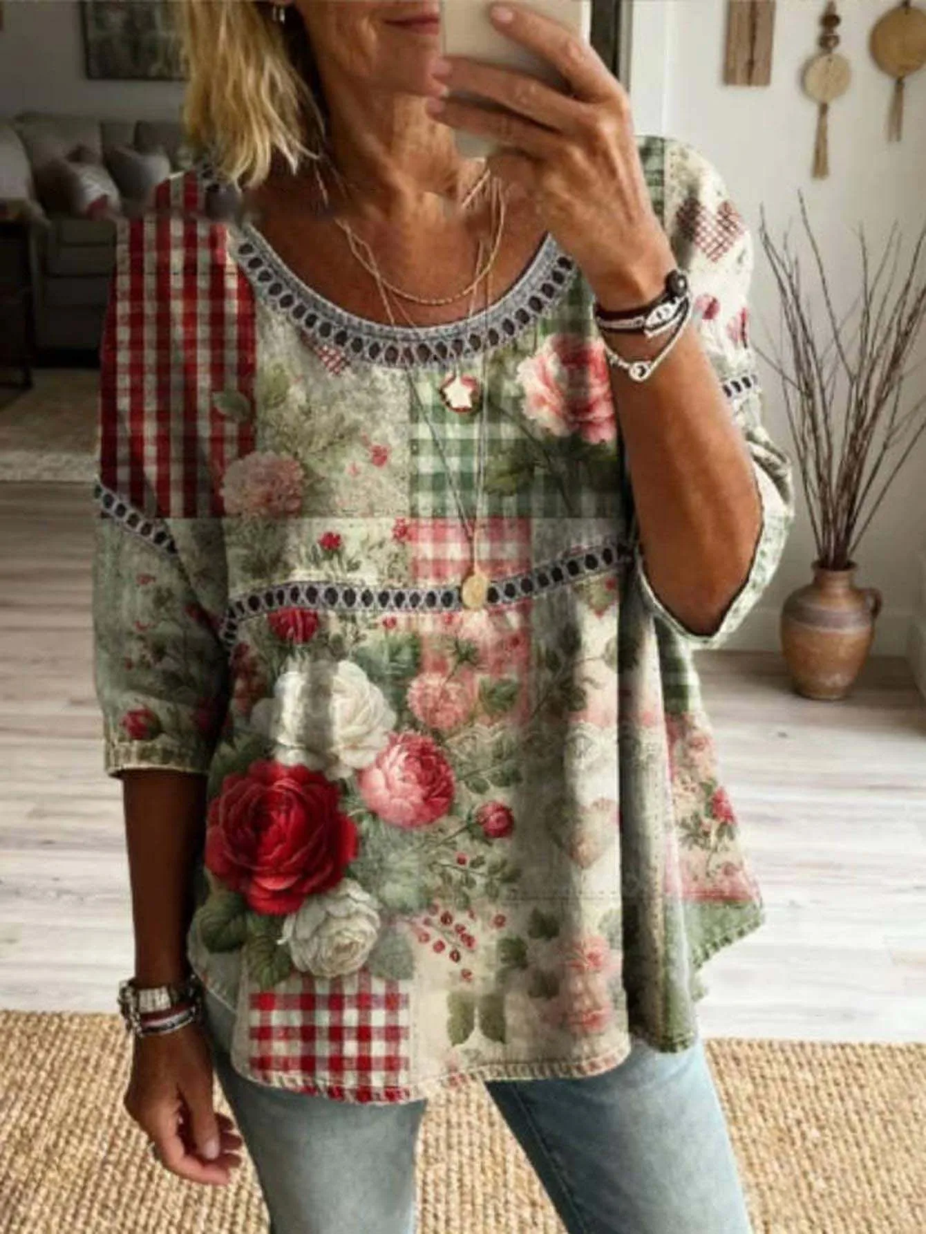 Women Plus Size Blouse 3D Floral Print Patchwork Loose Fit Long Sleeve Casual Boho Top