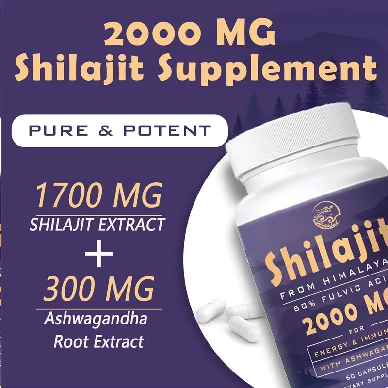 Natural Shilajit Supplement contains over 85 trace minerals and 60% fulvic acid, enhancing energy and immunity. 60 capsules