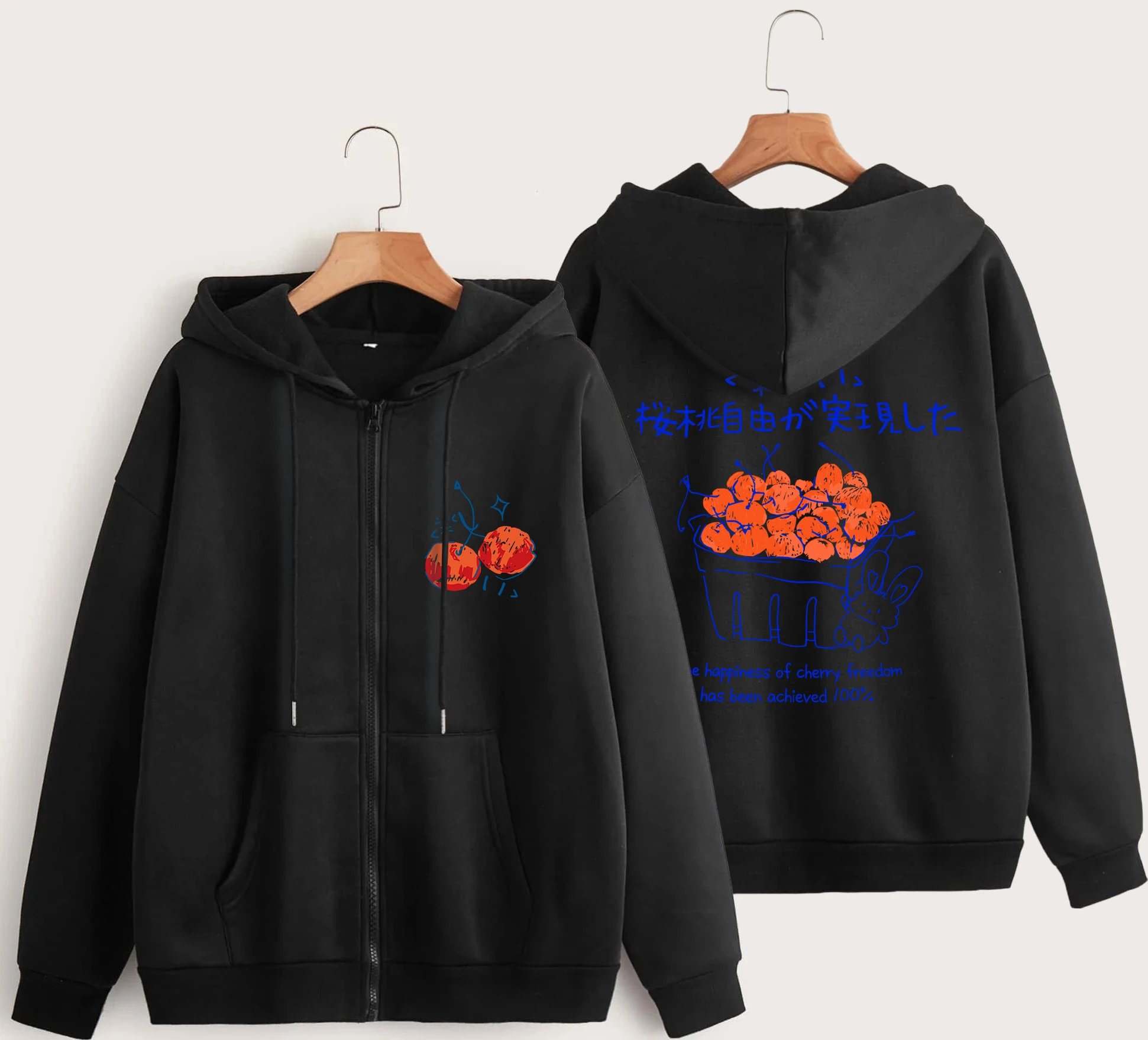 Fruit Cherry Art Word Design Zipper Hoody Woman Casual Oversized Hooded Street Fleece Hoodie Autumn Soft Pullovers Unisex