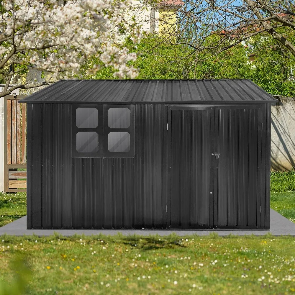 10x8 FT Outdoor Storage Shed with Window, Large Garden Shed with Updated Frame Structure and Lockable Doors, Metal Tool Sheds