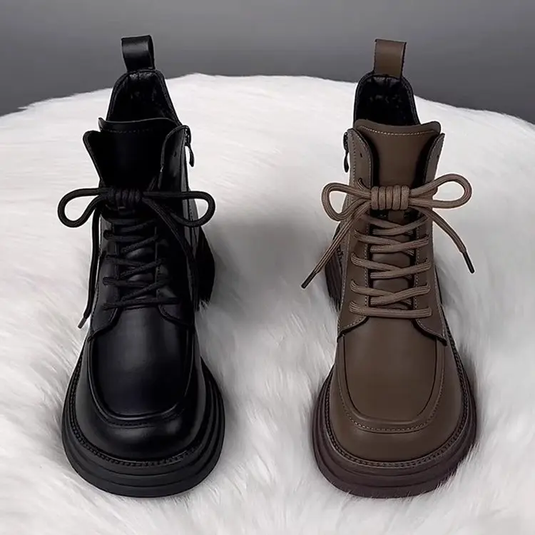 Ladies Fashion Platform Lace-Up Ankle Boots, Side Zipper Chunky Sole Combat Boots for Autumn Winter Daily Wear