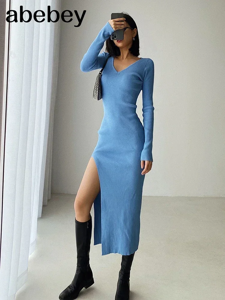 spring and winter sexy French slit sweater dress female slim tight-fitting hip-knit over-the-knee dresses