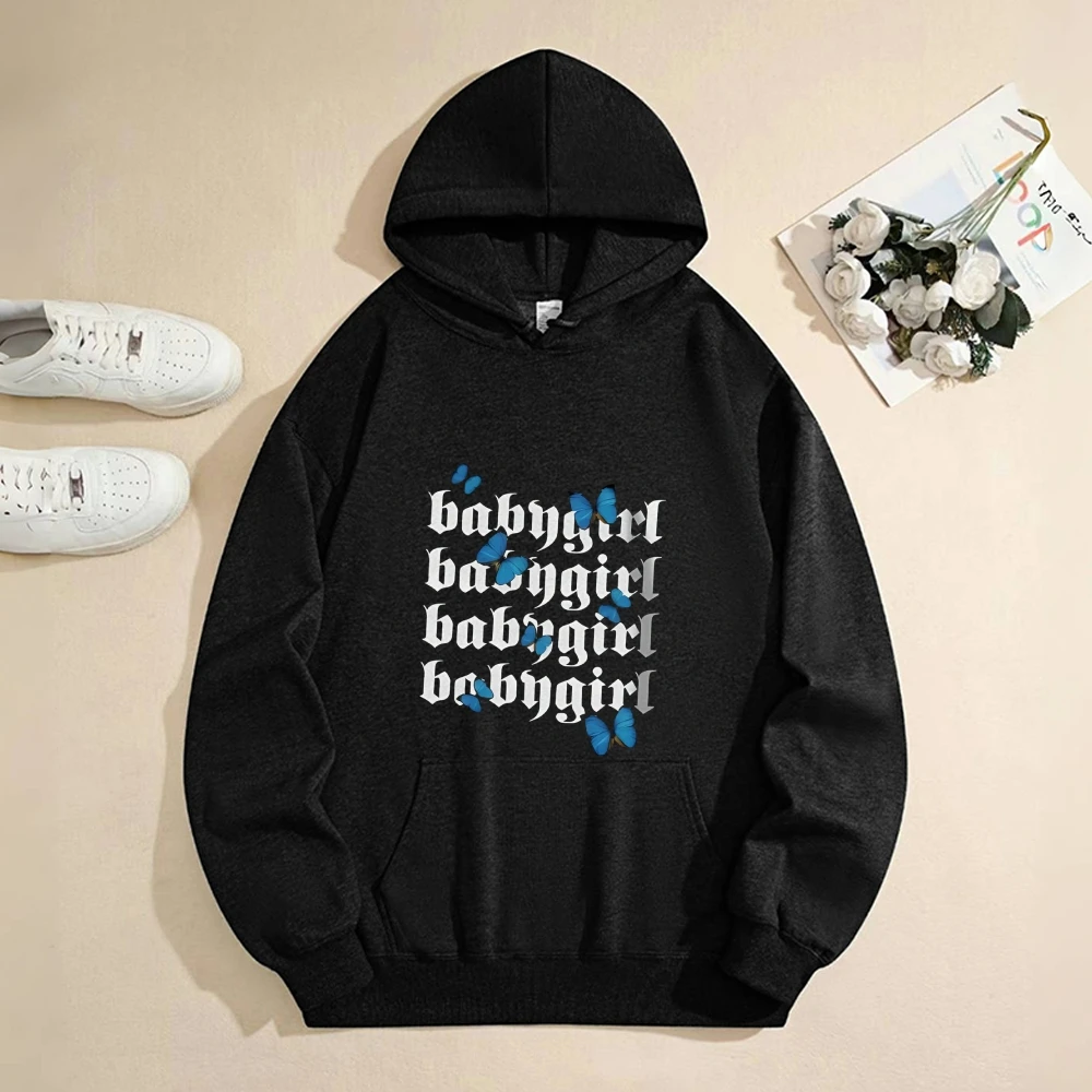 Adorable Baby Girl Text Print Hoodie Sweatshirt Blue Butterfly Embellishment Playful Youthful Style Everyday Comfort Wear
