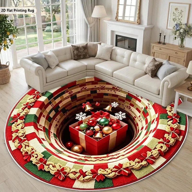 Flannel Area Carpet 2D Flat 3D Illusion Christmas Gift Box Rug Soft Warm Checkered Ribbon Bowknot Placement Mat
