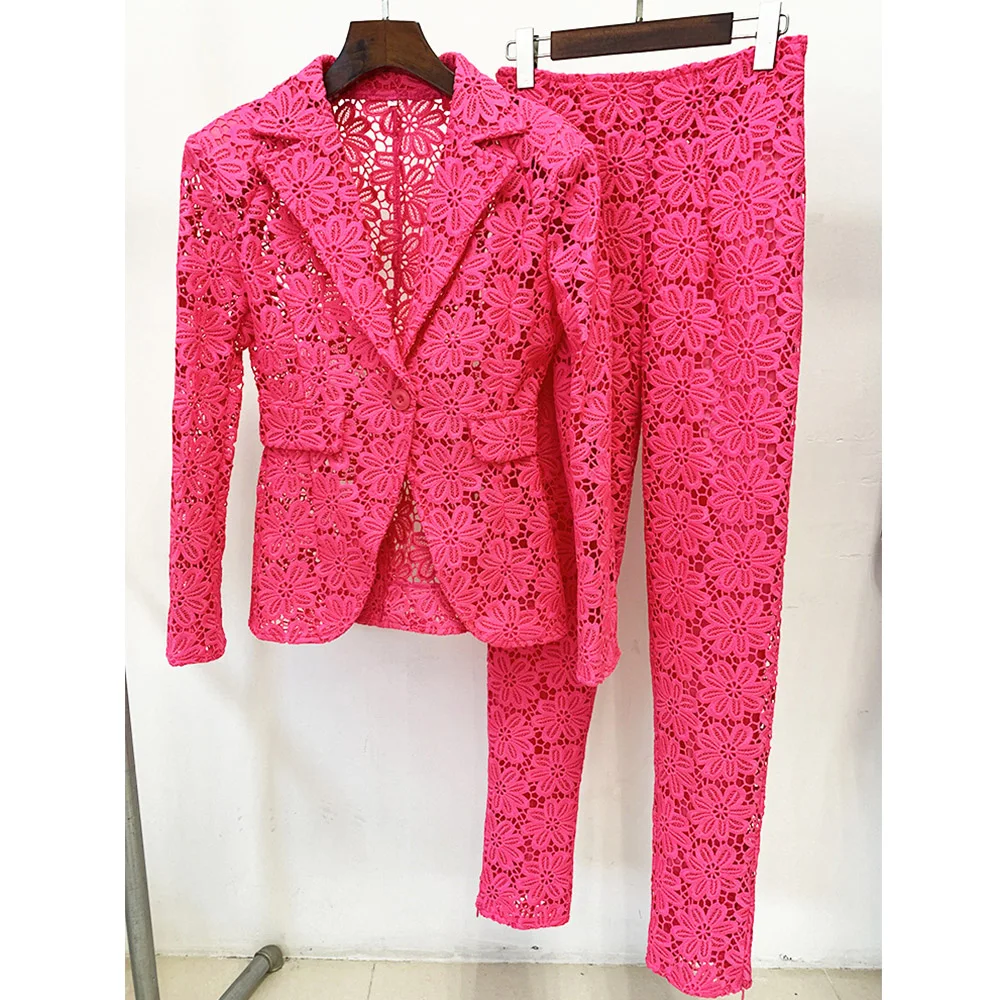 Rose Red Hollow Floral Lace Single Button Fashion Blazer Pencil Pants Casual Women Suit 2 Pcs Coat Trousers Set