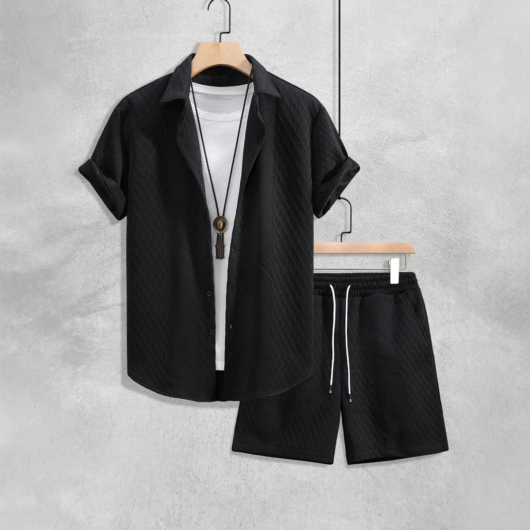 Summer New Men's Casual White Sportswear Shirt with A Lapel Men's Short-sleeved Button Shirt and Shorts Jacquard Texture Suit view 3