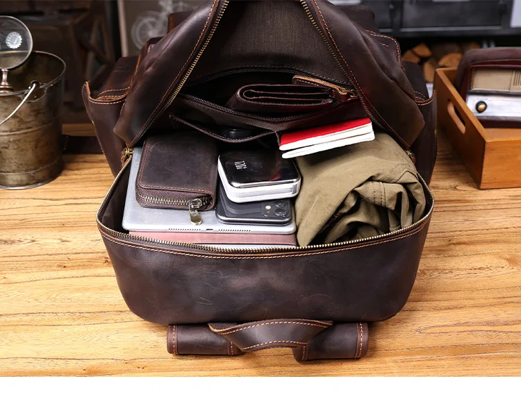 Lässige Vintage-Rucksäcke aus echtem Leder für Herren, handgefertigt, für Wochenendreisen, aus Crazy-Horse-Rindsleder, Damenrucksack mit großem Fassungsvermögen. – Detail 29
