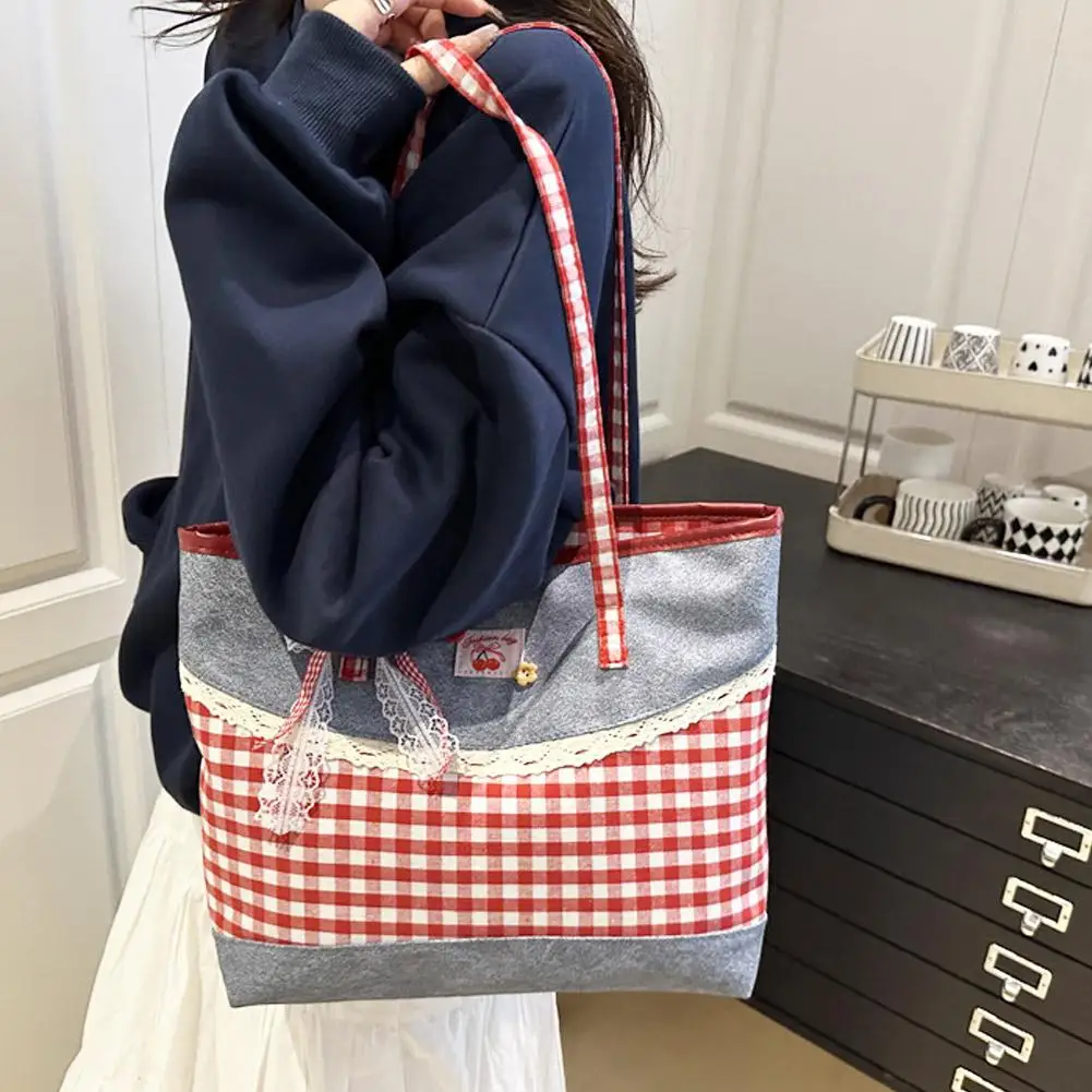 Портативная сумка-тоут в стиле ретро, решетчатая кружевная сумка на плечо с бантом, милая джинсовая клетчатая сумка в сельском стиле, женские сумки, кошелек