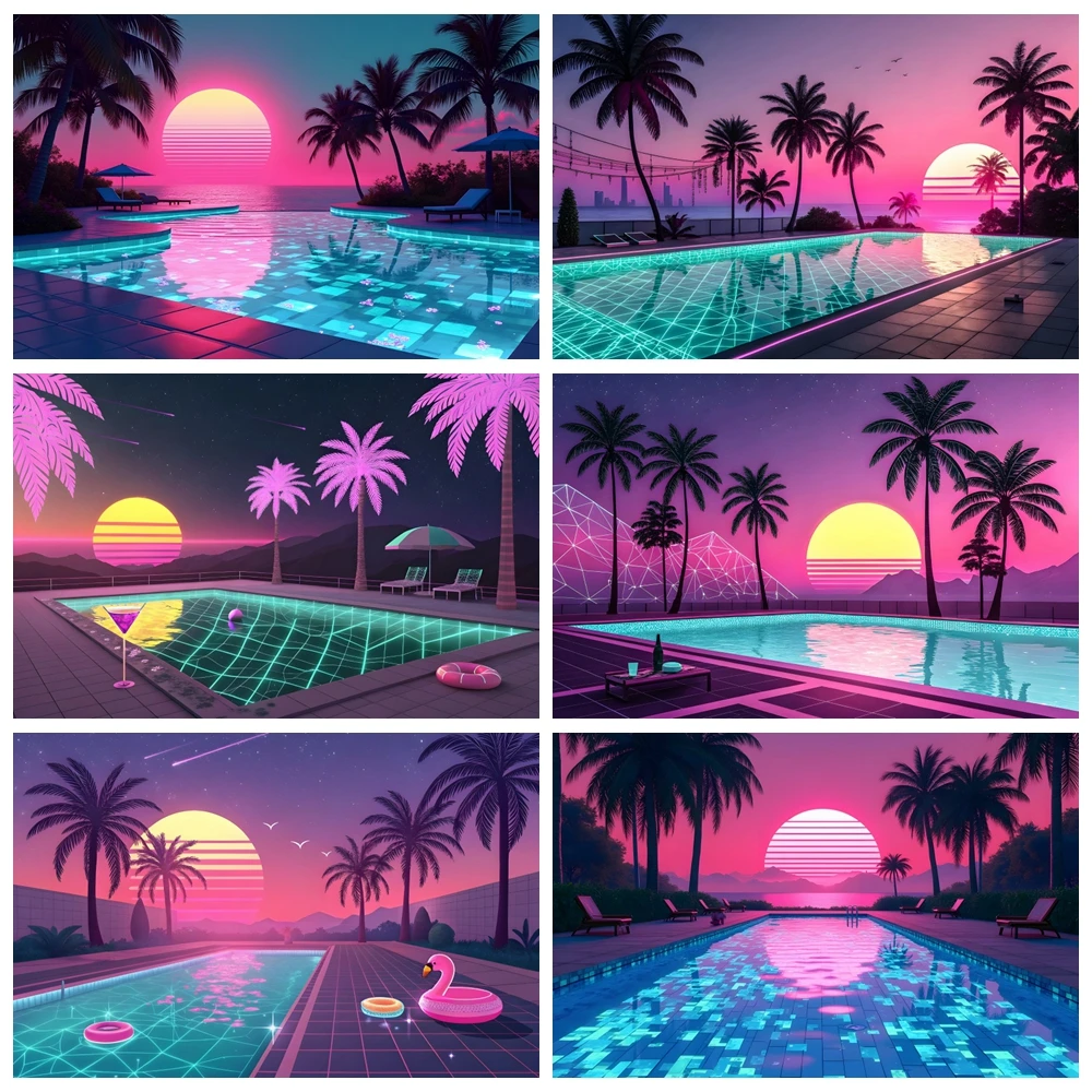 

Summer Seaside Sunset Photography Backdrop Summer Pool Party Palm Trees Silhouettes on Tropical Beach Photocall Background