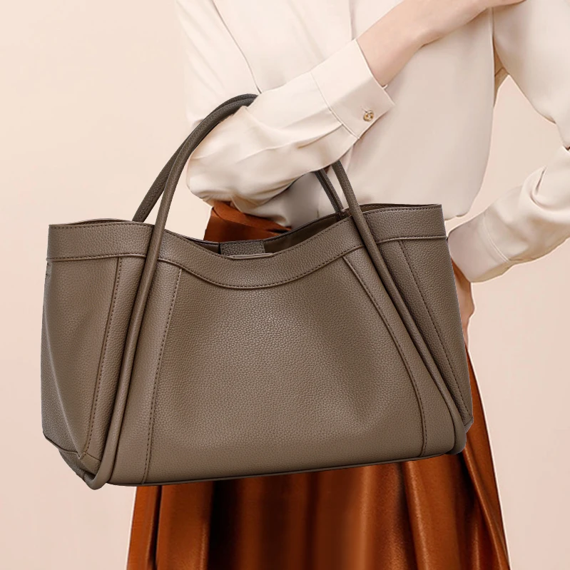 Aidrani Elephant Grey Top Layer Leather Women Tote Bag, Large Capacity Multi-Pocket Handbag with Adjustable Strap