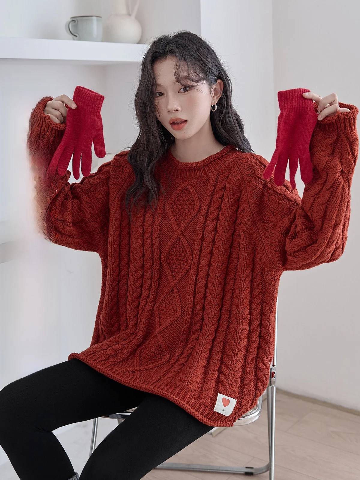 

Женский вязаный свитер Cisas Red Twist, зимний свободный универсальный топ HUIXI, однотонный, с длинными рукавами, для повседневной носки