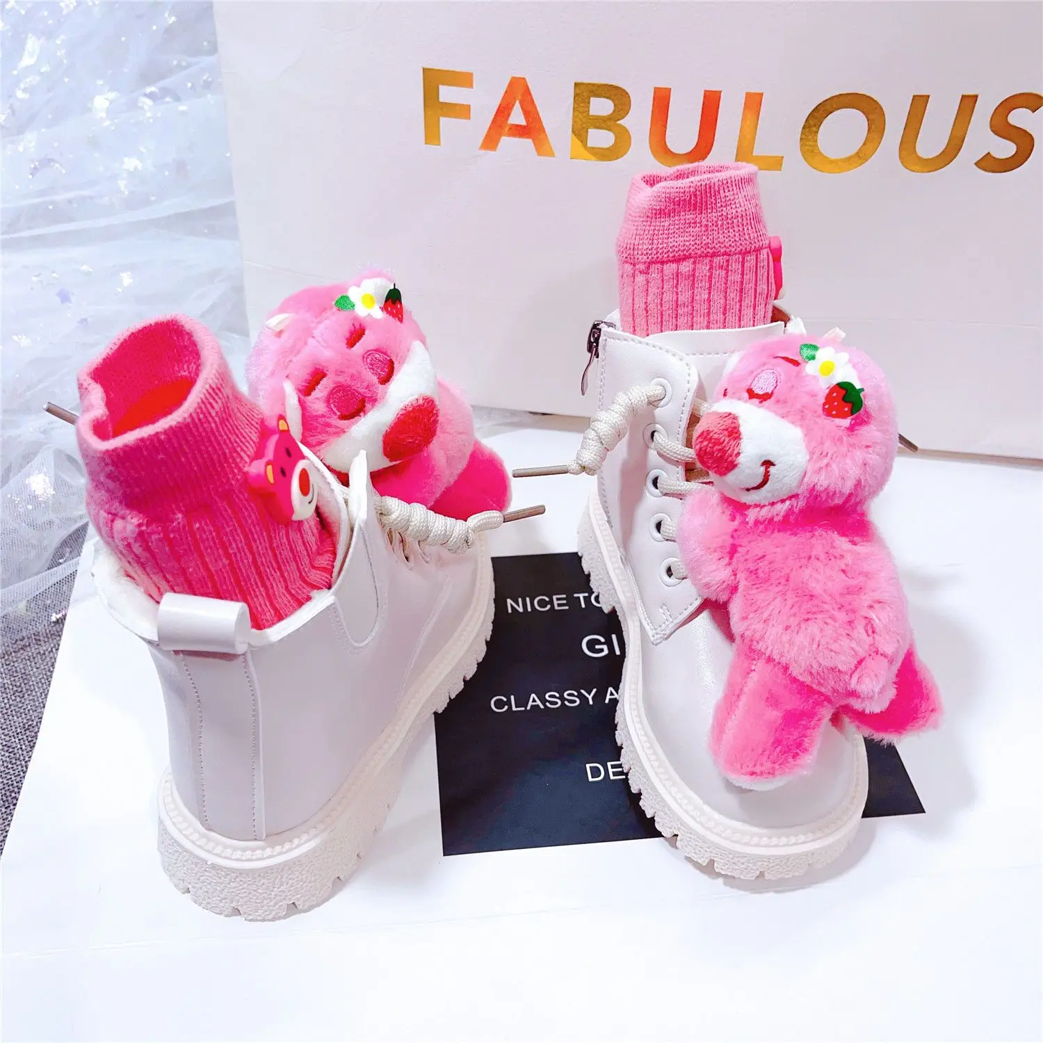 High Quality Winter New Lotso Strawberry Bear Cartoon Children Martin Non-slip Girls Short British Princess Boots Fashion Shoes