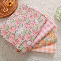 New Pink Rabbit Tulips Grid Printed Cotton Fabric For Sewing Craft Cloth Quilting Baby Dress Tecido Diy Patchwork Handmade Tissu