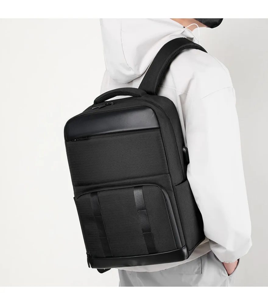 Black leather like top cover backpack with vertical straps anti splash wear resistant fabric for young people commute casual use