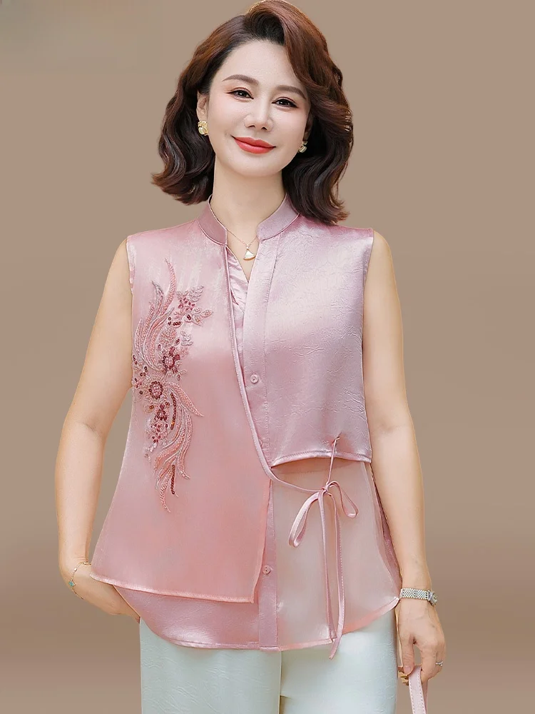 

New Chinese Sle Summer Outfit for Women Mom Summer Clothes Set Mid-aged And ly ort Sve Chiffon Top And Pants