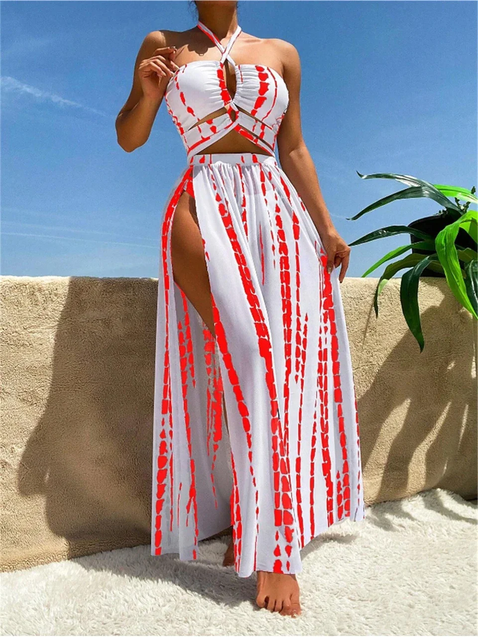 3 Pieces Halter Bikini 2024 Printed Swimsuit Women Beach Skirt Swimwear Female Bathers Bathing Swimming Suit Padded Beachwear