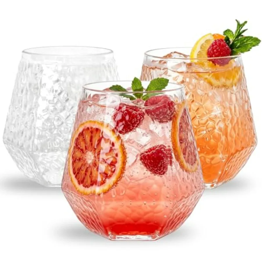 

Ciaell 30 Pack Diamond Plastic Wine Glasses - 14 Oz Plastic Stemless Wine Glasses - Hammered Unbreakable Disposable Cups Whiske