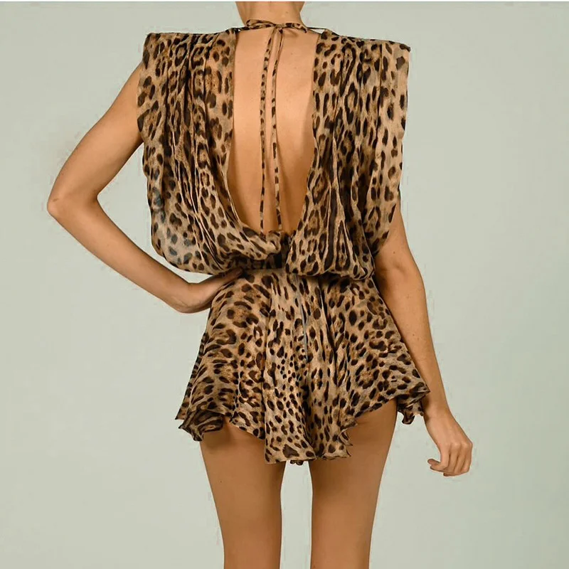 Vestido corto con estampado de leopardo para mujer, minivestido sin mangas con escote en V profundo, corte bajo, ahuecado, cintura alta, Espalda descubierta, con cordones, Sexy, ropa de playa