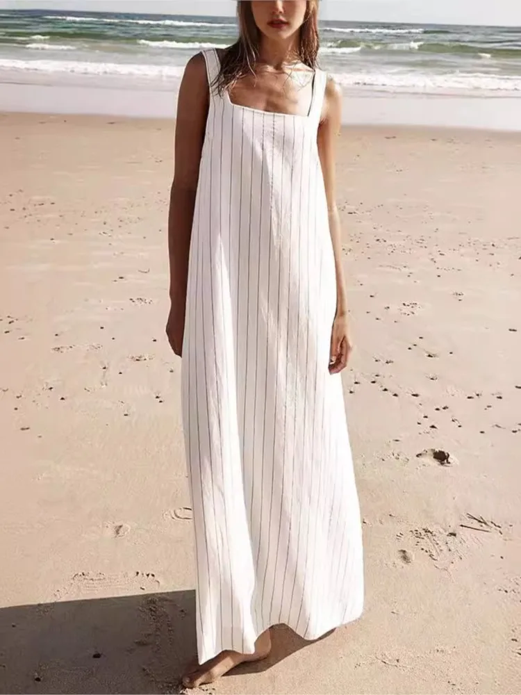 

Summer Simple Style Casual Loose Long Dresses For Women New Basic Striped Square Neck Sleeveless Suspended Beach Dress Vestidos