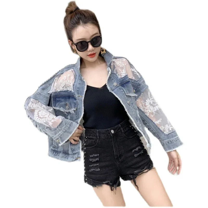 Cotton Denim Coat Women Lace Spring Autumn Ropa Cardigan Jeans Maxi Punk Gothic Bomber Jacket Windbreaker Y2k Jackets Korean