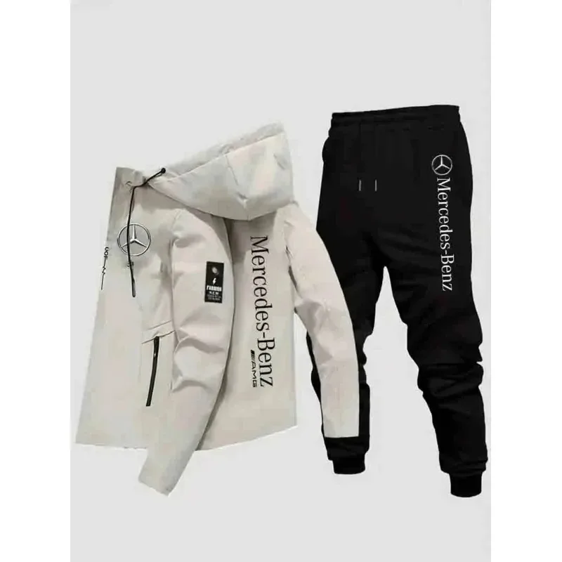 

Mercedes Benz men's casual hooded windbreaker set with windproof zipper and thick pants set for winter