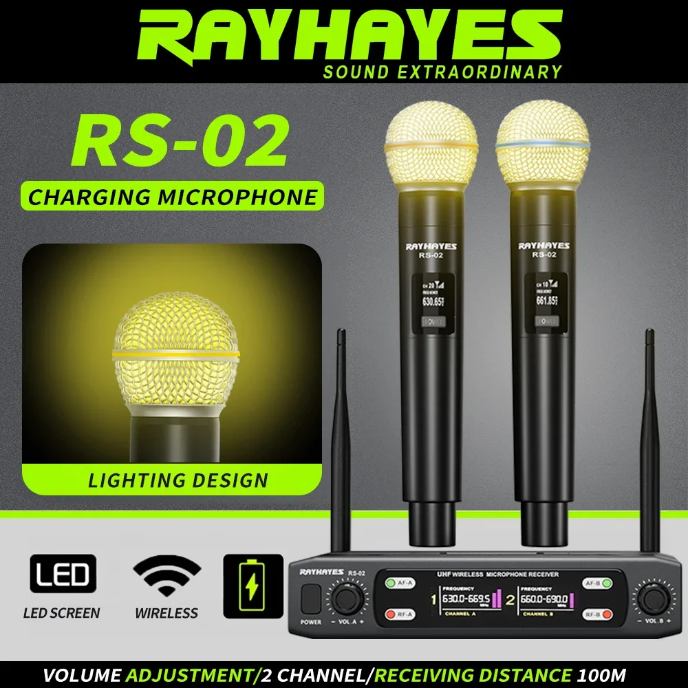 

RAYHAYES RS-02 Dual-Hand Rechargeable Wireless Microphone LED Light Suitable for music parties and stage performances