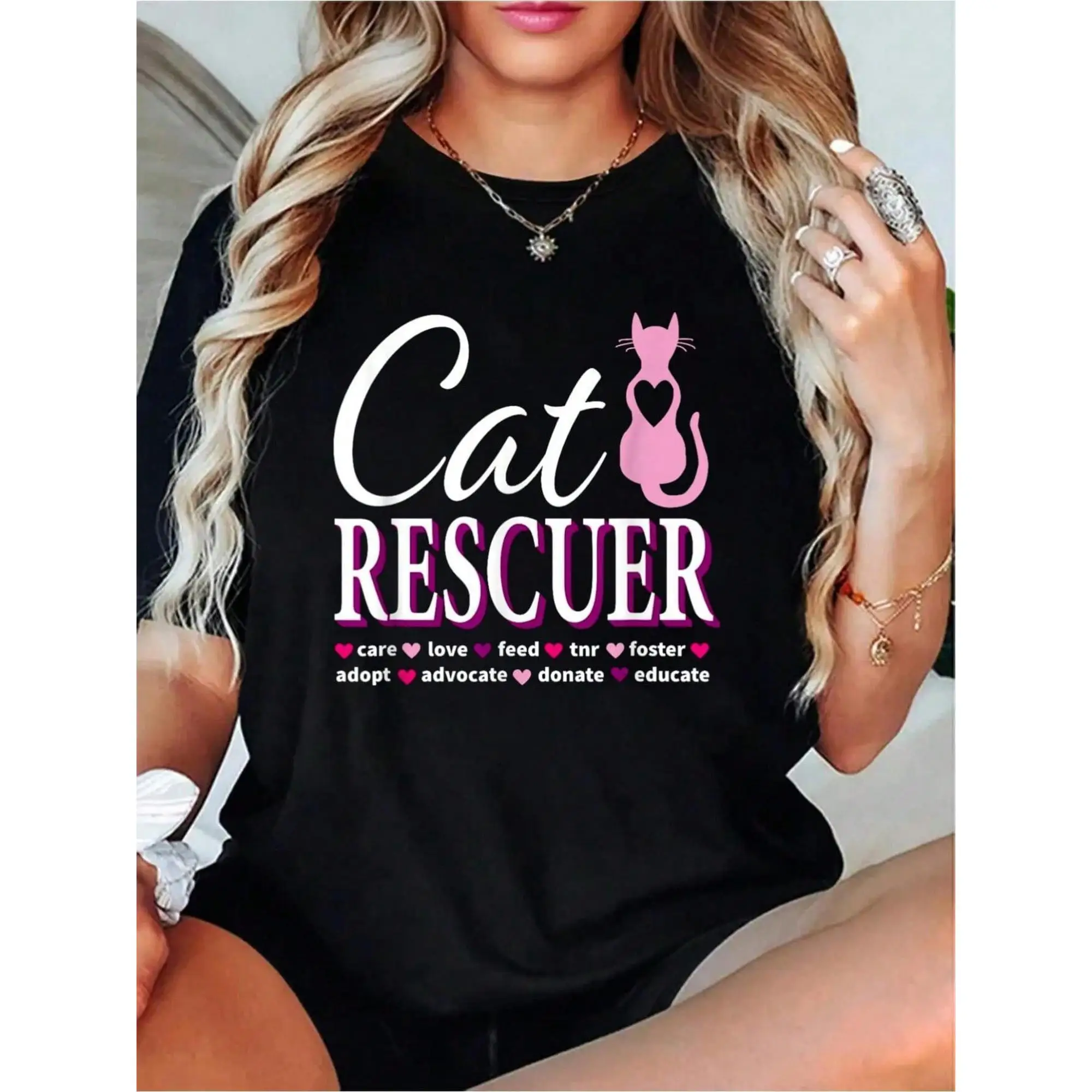 

Cat Rescuer T-Shirt Women's Men's Funny Cat Lover Gift Animal Shelter Volunteer Tee Pet Adoption Graphic Top Rescue Mom Dad