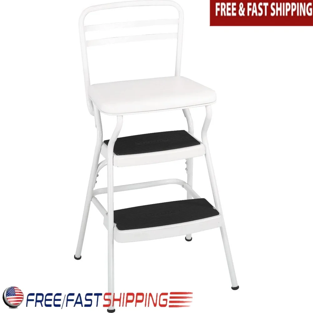 

Retro Steel Step Stool Chair with Vinyl Flip-Up Seat Multi-Purpose Non-Slip Cushioned Seat Home Kitchen Use 225 lb Capacity
