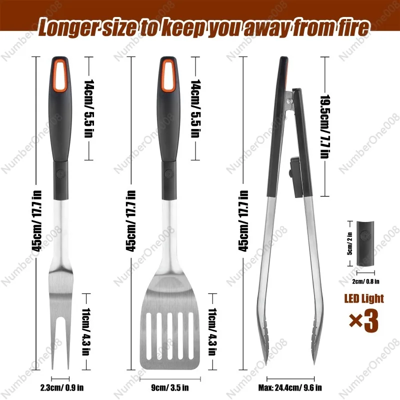 Stainless Steel Barbecue Fork and Shovel Clip with LED Light Removable and Washable Three-piece Accessories Barbecue Tools