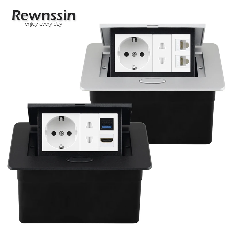 Pop-up Sockets Aluminum Alloy Box Desktop Built-in EU Outle HDMI Double USB Port RJ45  For Meeting Room Office Kitchen