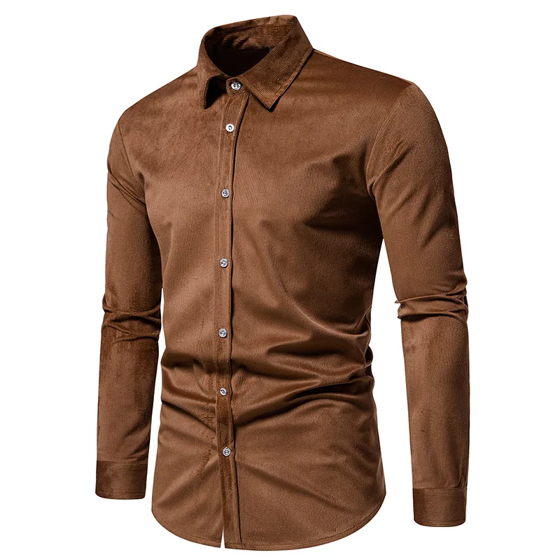 Mens Brown Corduroy Shirts 2023 Autumn New Long Sleeve Solid Casual Overshirt High Quality Button Down Daily Leisure Shirt Homme