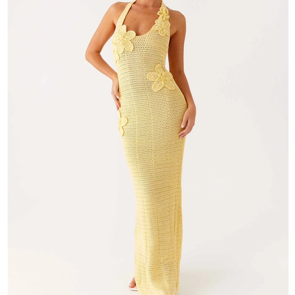 ผู้หญิงวินเทจถัก Halter Maxi ชุด 3D ดอกไม้ Bodycon ชุดยาวเซ็กซี่สปาเก็ตตี้สายคล้องคอ Backless ค็อกเทลปาร์ตี้ Sundress