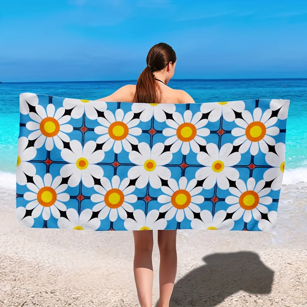 Daisy White Florals Pattern Beach Towel, Ultra Soft Absorbent for Bathroom Gym Kitchen Hotel Spa