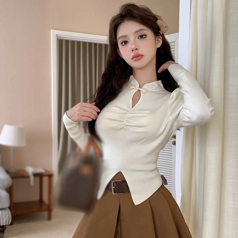 Women's Knitted Top Cheongsam Buckle Hollow out Long Sleeves Sweater Festive Chinese Style Sexy Slim Fit Temperament