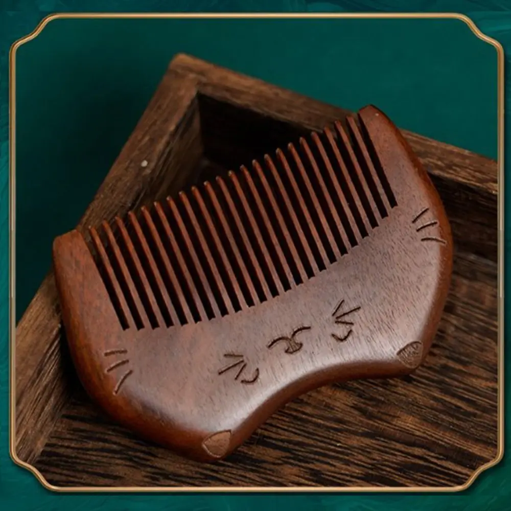 Narrow Tooth Cat Wooden Scalp Combs Carve Designs Anti-Static Head Acupuncture Point Massage Comb Natural with Tassel