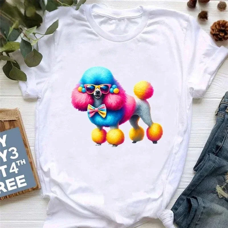 Colorful Poodle Love Ball Animal Printed Tshirt Girls Funny White T Shirt Women Summer Tops Fashion Short Sleeve T-Shirt Female