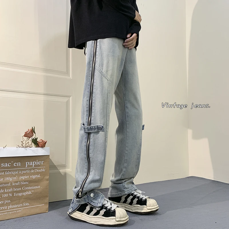 

Мужские джинсы Slim Fit на весну-осень, тонкие, прямого кроя, с боковой молнией, в стиле High Street, повседневные, свободные, длинные брюки, молодежная мода