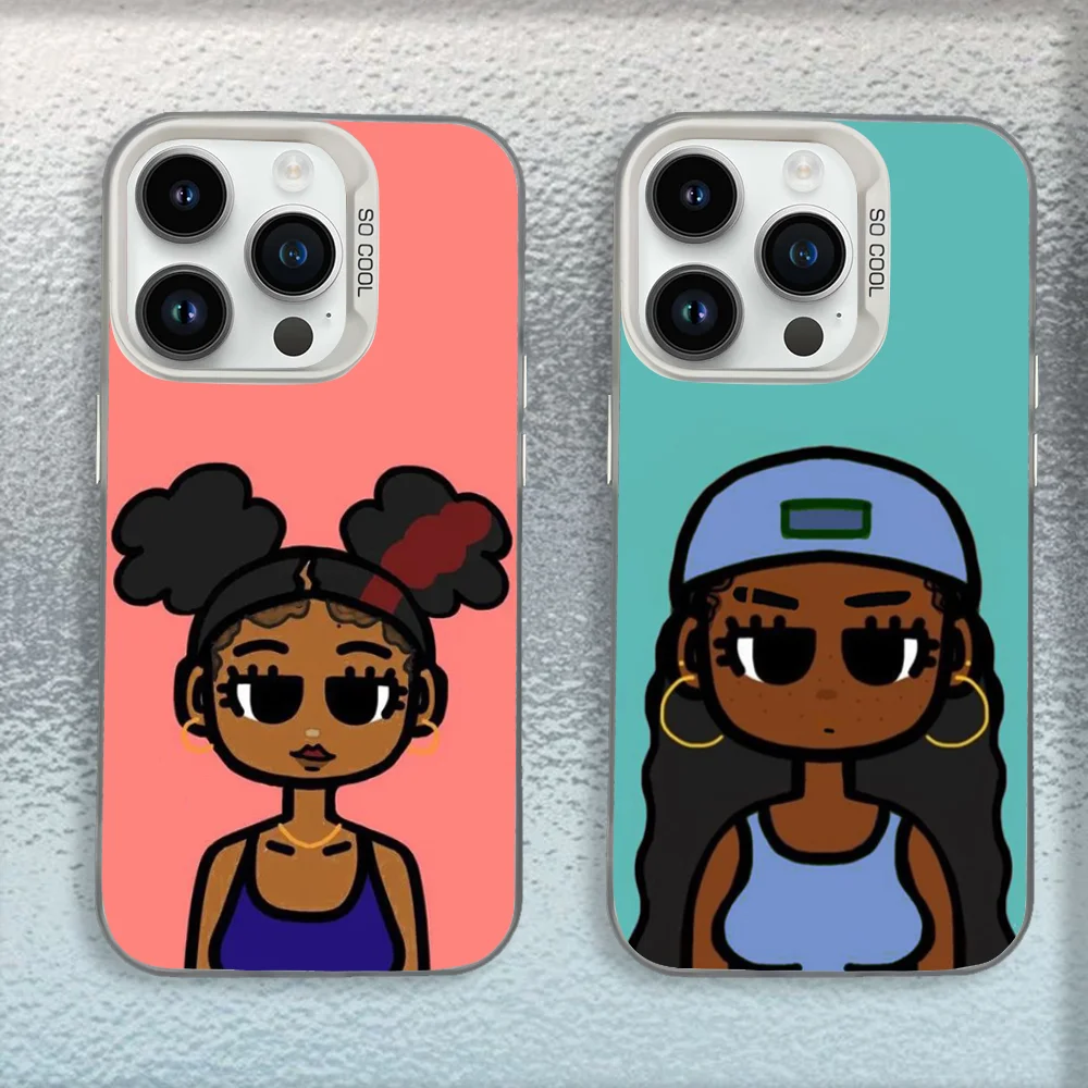

Cartoon Afro Black Girl Phone Case For iPhone 16,15,14,13,12,11,Mini,Pro,SE,MAX White Matte Shockproof Cover
