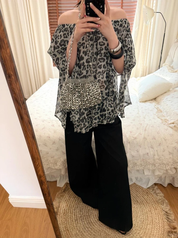 

Y2k Aesthetic Vintage Leopard Women Blouse Sexy Slash Neck See Through Blusas Streetwear Long Sleeve Split Loose Grunge Tops