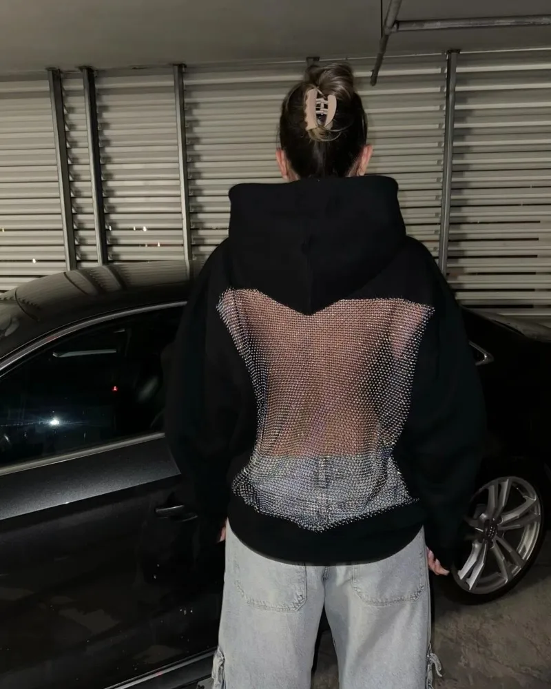 American Sexy Hot Sweetheart Hoodie mit offenem Rücken Y2K Kleidung Damenmode Transparent Mesh Hoodie Sexy Hohl Mesh Pullover